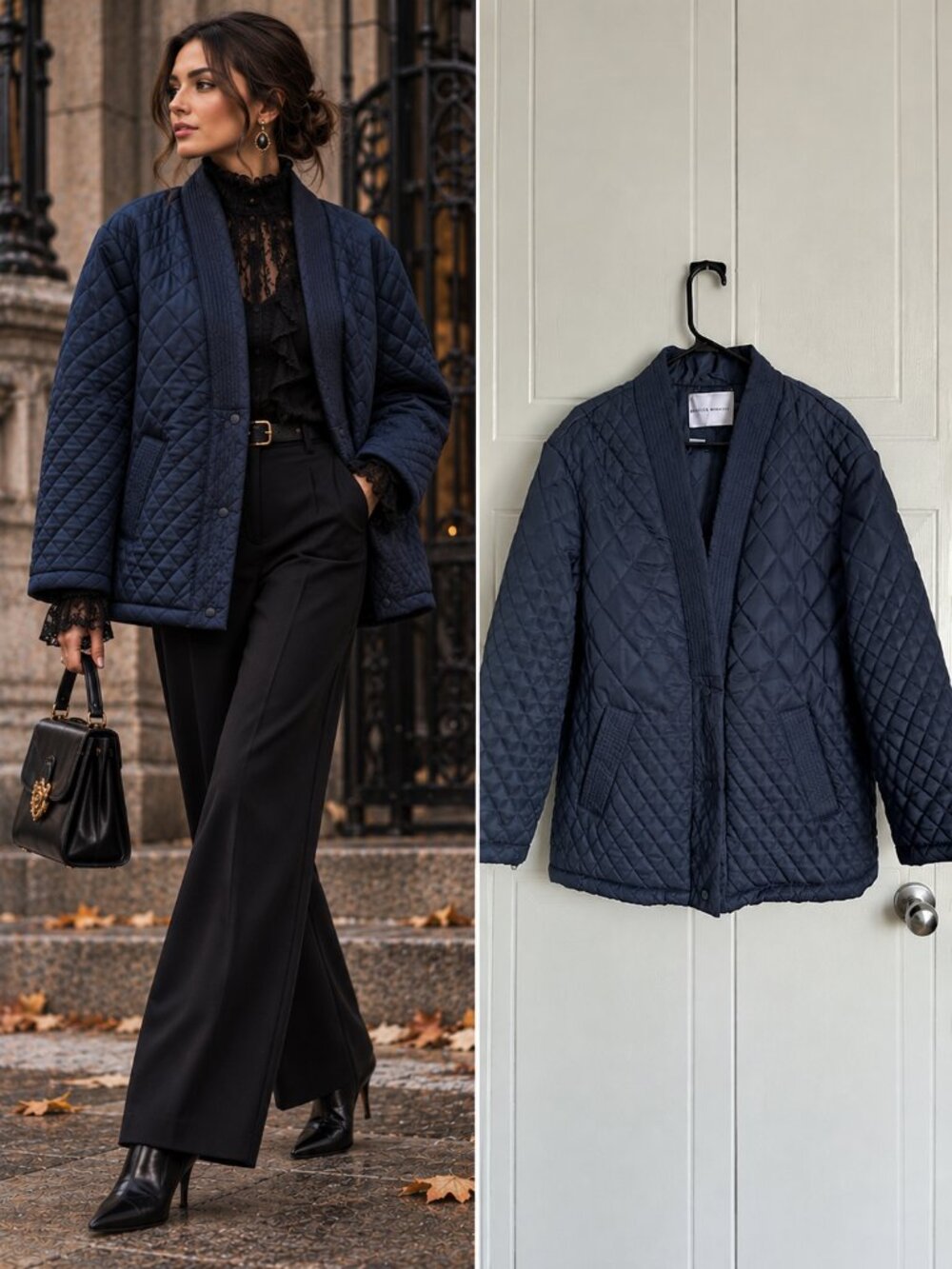 Rebecca Minkoff Navy Diamond Quilted Jacket Boxy Quiet Luxury Preppy NWT M